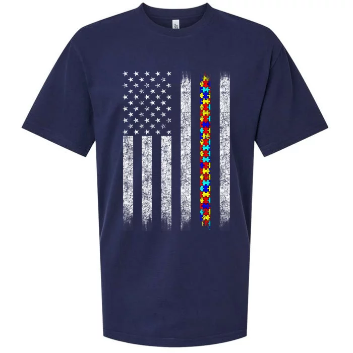 Funny Autism Awareness American Flag Gift Sueded Cloud Jersey T-Shirt