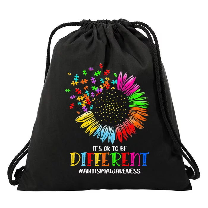 Funny Autism Awareness It's Ok To Be Different Puzzle Flower Drawstring Bag