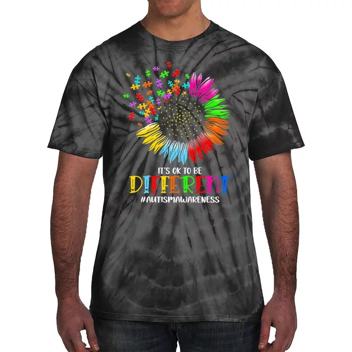 Funny Autism Awareness It's Ok To Be Different Puzzle Flower Tie-Dye T-Shirt