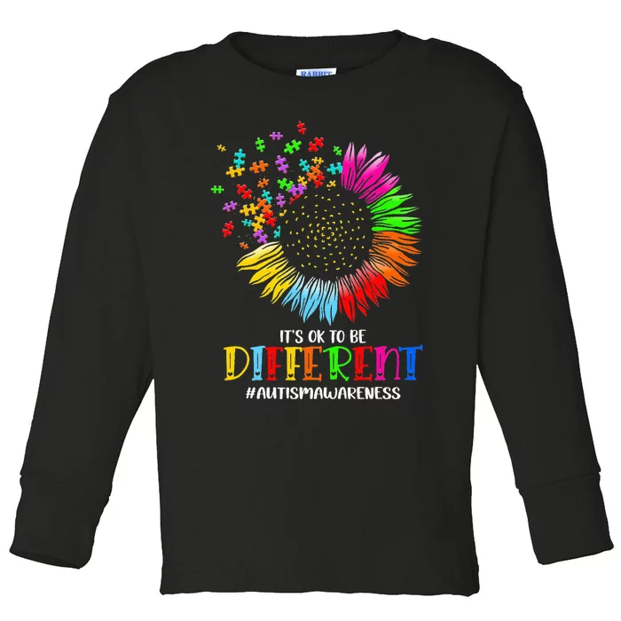 Funny Autism Awareness It's Ok To Be Different Puzzle Flower Toddler Long Sleeve Shirt