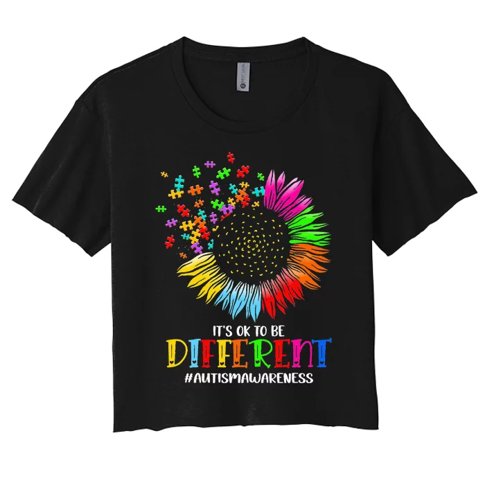 Funny Autism Awareness It's Ok To Be Different Puzzle Flower Women's Crop Top Tee