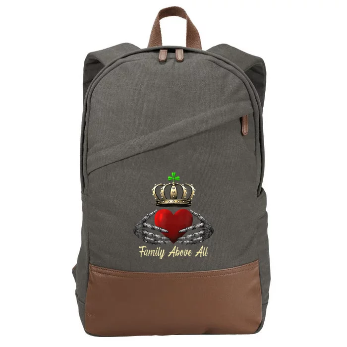 Family Above All Irish Claddagh Ring Heart With Crown Retro Cotton Canvas Backpack