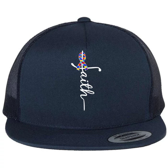 Faith Autism Awareness Month Ribbon Flat Bill Trucker Hat