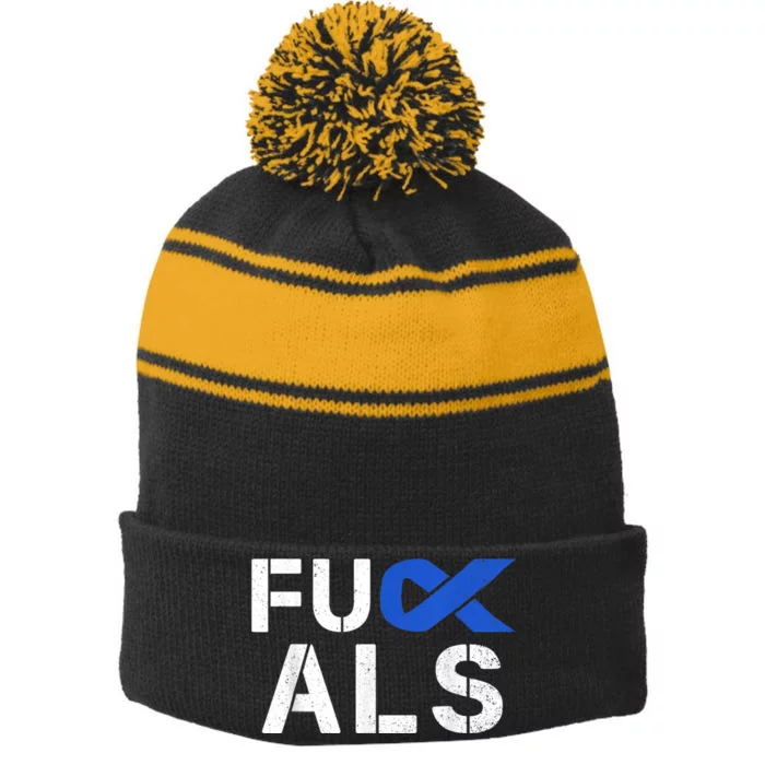 Fuck ALS Awareness Month Blue Ribbon Support Squad Fighter Stripe Pom Pom Beanie