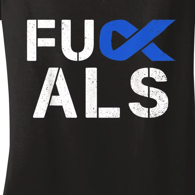 Fuck ALS Awareness Month Blue Ribbon Support Squad Fighter Women's V-Neck T-Shirt