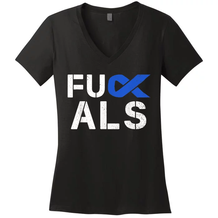 Fuck ALS Awareness Month Blue Ribbon Support Squad Fighter Women's V-Neck T-Shirt