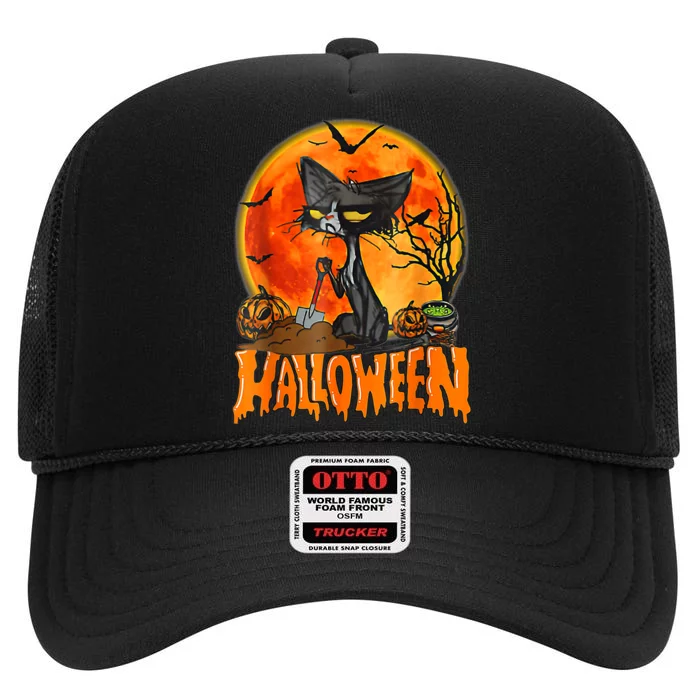 Funny Angry Black Cat Pumpkin Candy Spooky Season Halloween High Crown Mesh Trucker Hat