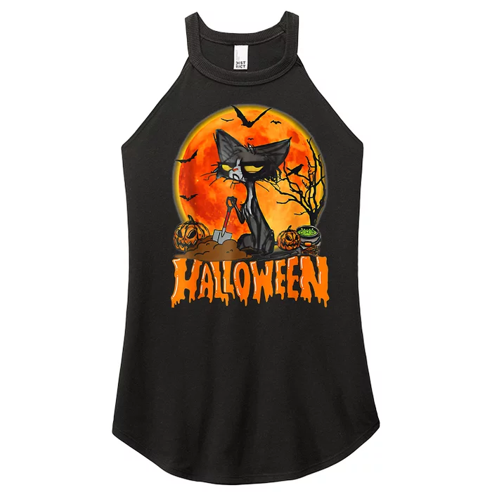 Funny Angry Black Cat Pumpkin Candy Spooky Season Halloween Women’s Perfect Tri Rocker Tank