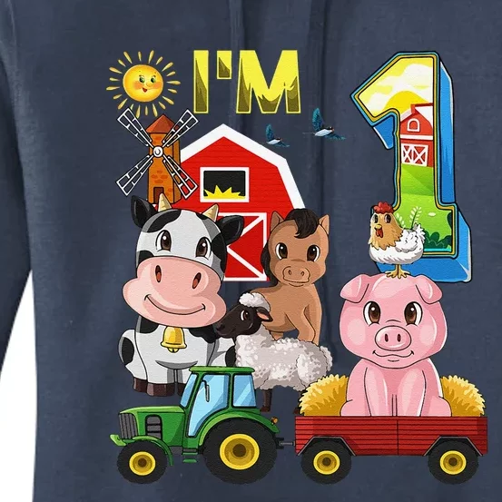 Farm Animals Barnyard Tractor 1st Birthday I'm 1 Year Old Women's Pullover Hoodie