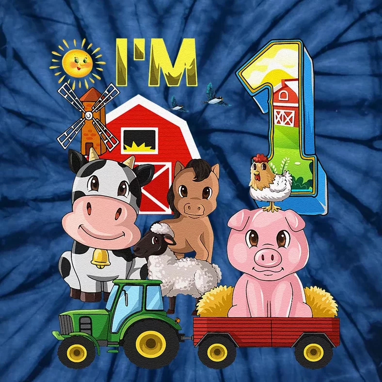 Farm Animals Barnyard Tractor 1st Birthday I'm 1 Year Old Tie-Dye T-Shirt