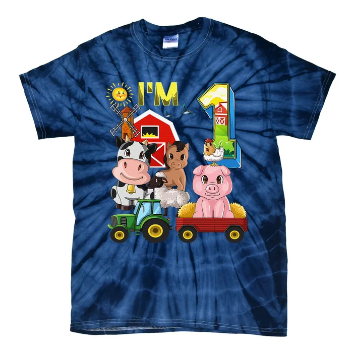 Farm Animals Barnyard Tractor 1st Birthday I'm 1 Year Old Tie-Dye T-Shirt