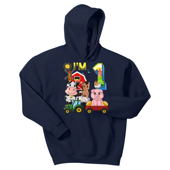 Farm Animals Barnyard Tractor 1st Birthday I'm 1 Year Old Kids Hoodie