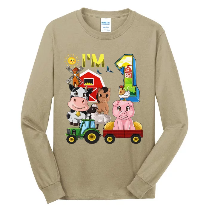 Farm Animals Barnyard Tractor 1st Birthday I'm 1 Year Old Tall Long Sleeve T-Shirt