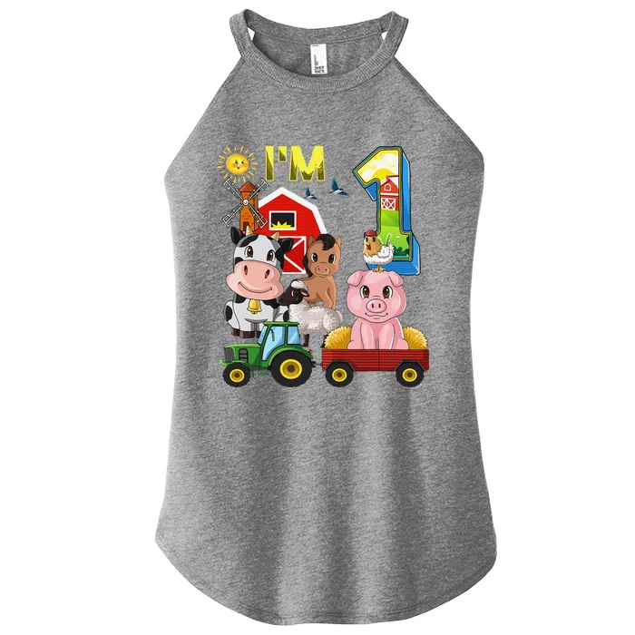 Farm Animals Barnyard Tractor 1st Birthday I'm 1 Year Old Women’s Perfect Tri Rocker Tank