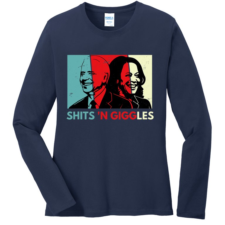 Funny Anti Biden Harris Shits 'N Giggles Political Gift Ladies Missy Fit Long Sleeve Shirt