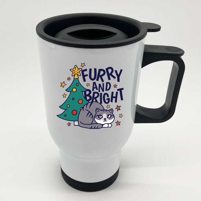 Furry And Bright Funny Cute Christmas Cat Front & Back Stainless Steel Travel Mug