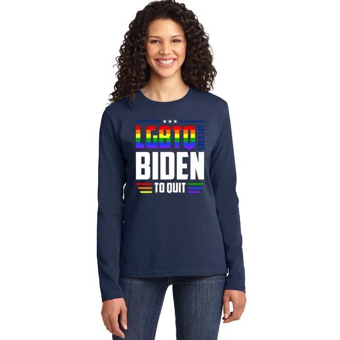 Funny Anti Biden LGBTQ Lets Get Biden To Quit Ladies Long Sleeve Shirt