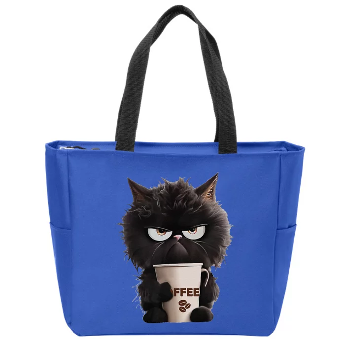 Funny Angry Black Cat Drinking Coffee Loves Coffee Pet Zip Tote Bag