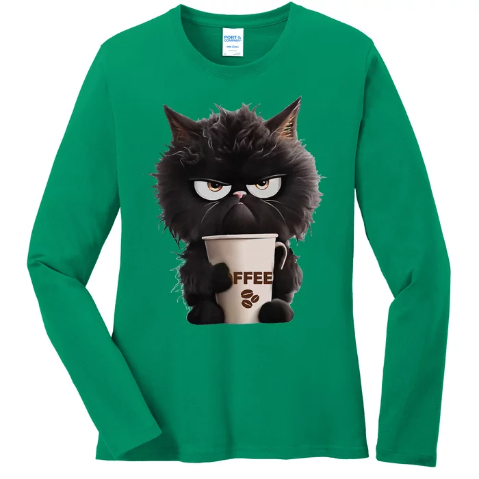 Funny Angry Black Cat Drinking Coffee Loves Coffee Pet Ladies Long Sleeve Shirt