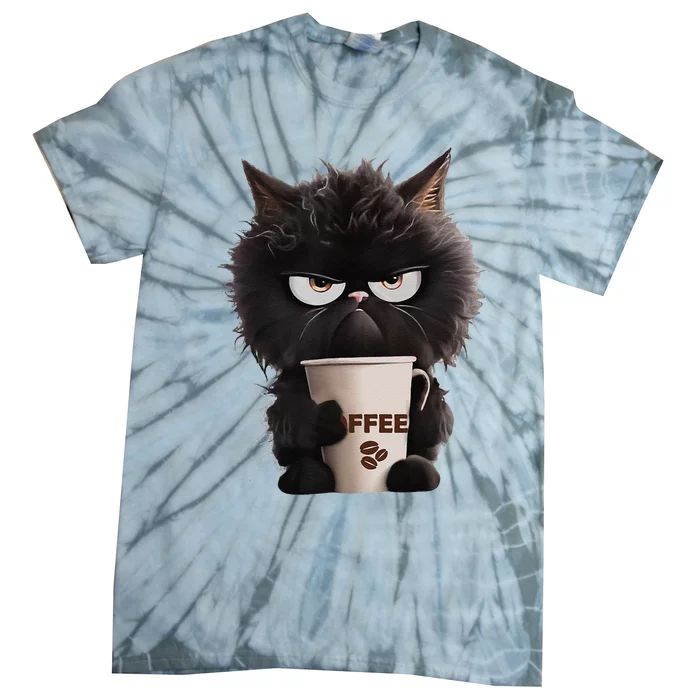 Funny Angry Black Cat Drinking Coffee Loves Coffee Pet Tie-Dye T-Shirt