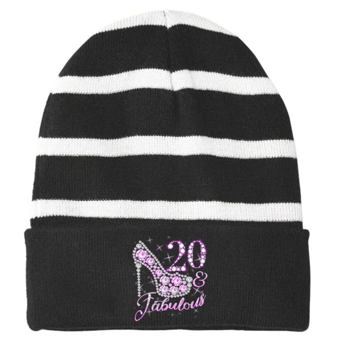 Fabulous & 20 Sparkly Shiny Heel 20th Birthday Striped Beanie with Solid Band