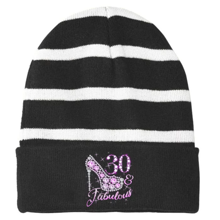 Fabulous & 30 Sparkly Shiny Heel 30th Birthday Striped Beanie with Solid Band