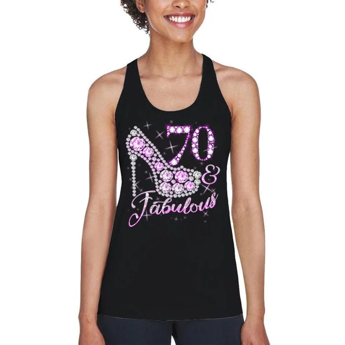 Fabulous & 70 Sparkly Shiny Heel 70th Birthday Women's Racerback Tank