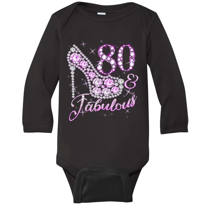 Fabulous & 80 Sparkly Shiny Heel 80th Birthday Baby Long Sleeve Bodysuit