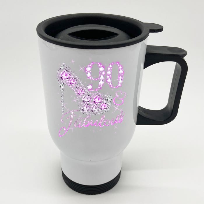 Fabulous & 90 Sparkly Shiny Heel 90th Birthday Front & Back Stainless Steel Travel Mug