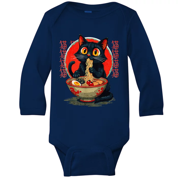 Funny Anime Cute Cat Eating Ramen Japanese Noodles Vintage Baby Long Sleeve Bodysuit