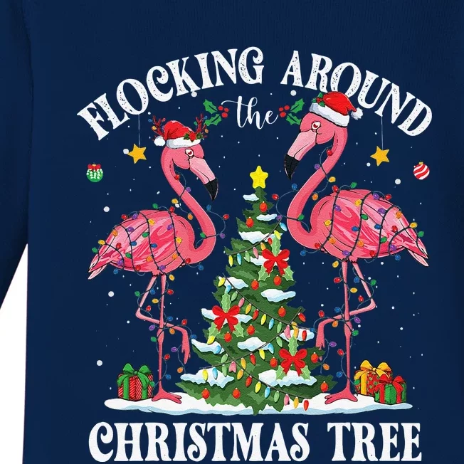 Flocking Around Christmas Tree Flamingo Santa Xmas Pajama Baby Long Sleeve Bodysuit