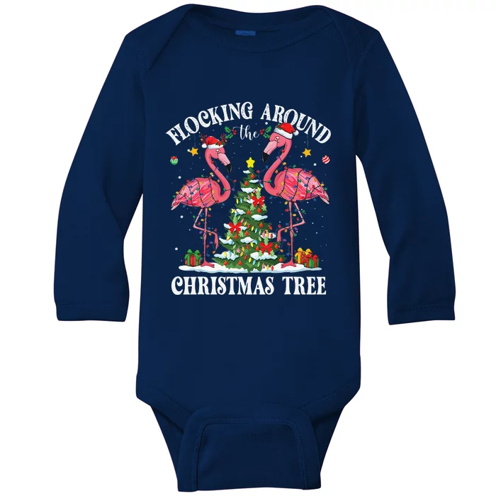 Flocking Around Christmas Tree Flamingo Santa Xmas Pajama Baby Long Sleeve Bodysuit