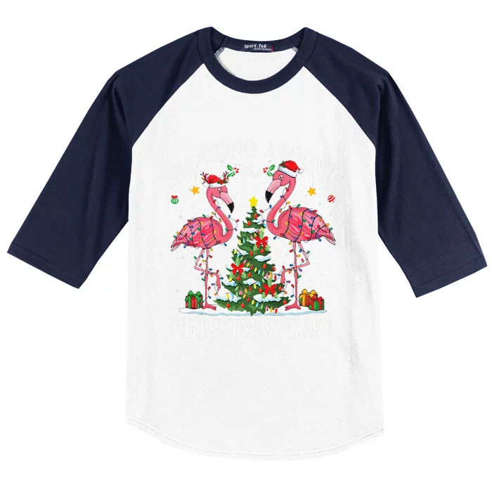 Flocking Around Christmas Tree Flamingo Santa Xmas Pajama Baseball Sleeve Shirt