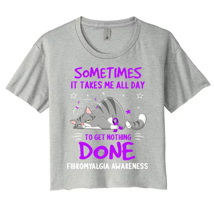 Fibromyalgia Awareness Cat Ribbon Gift Women's Crop Top Tee