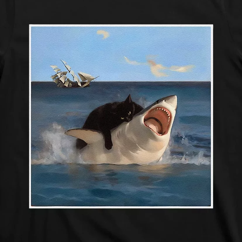 Funny Art & Cat Lover Quote Cat Biting Shark Cool Fat Cat Gift T-Shirt