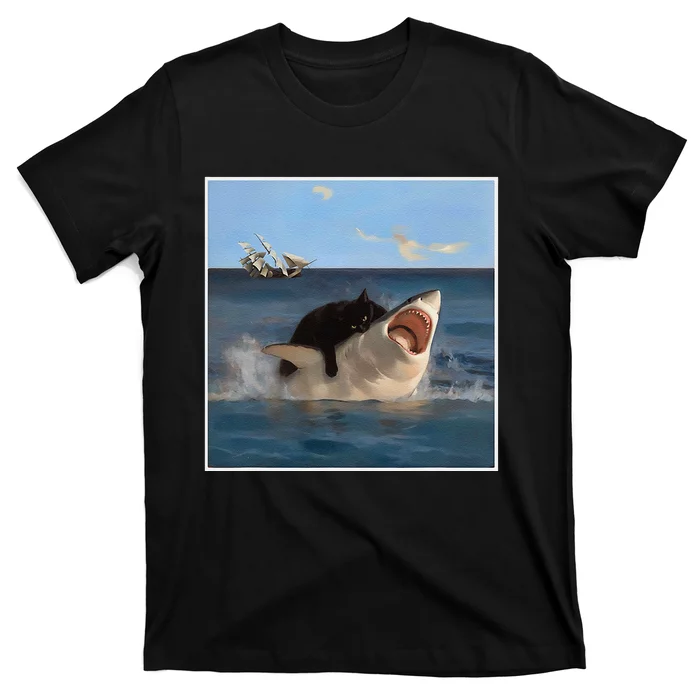 Funny Art & Cat Lover Quote Cat Biting Shark Cool Fat Cat Gift T-Shirt