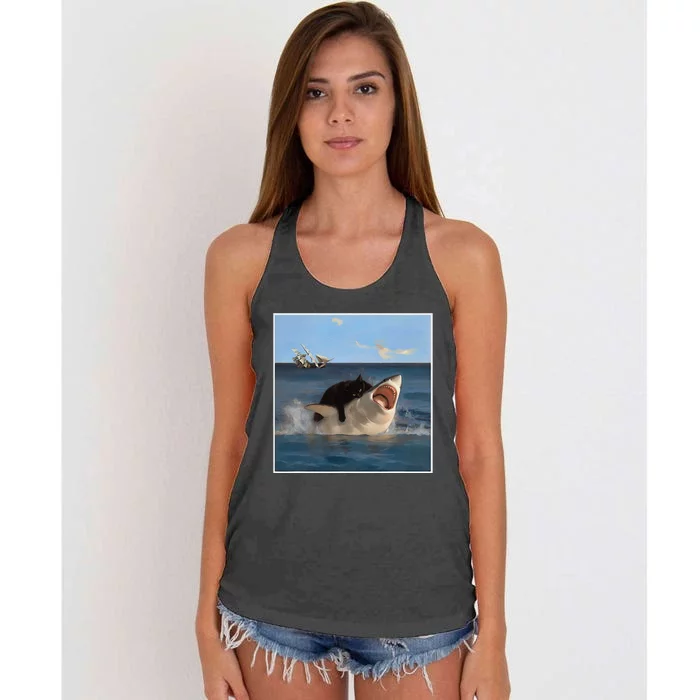 Funny Art & Cat Lover Quote Cat Biting Shark Cool Fat Cat Gift Women's Knotted Racerback Tank