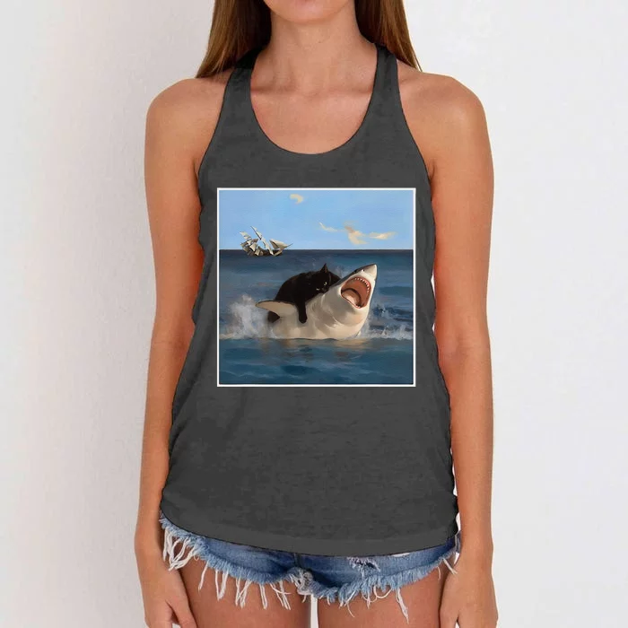 Funny Art & Cat Lover Quote Cat Biting Shark Cool Fat Cat Gift Women's Knotted Racerback Tank