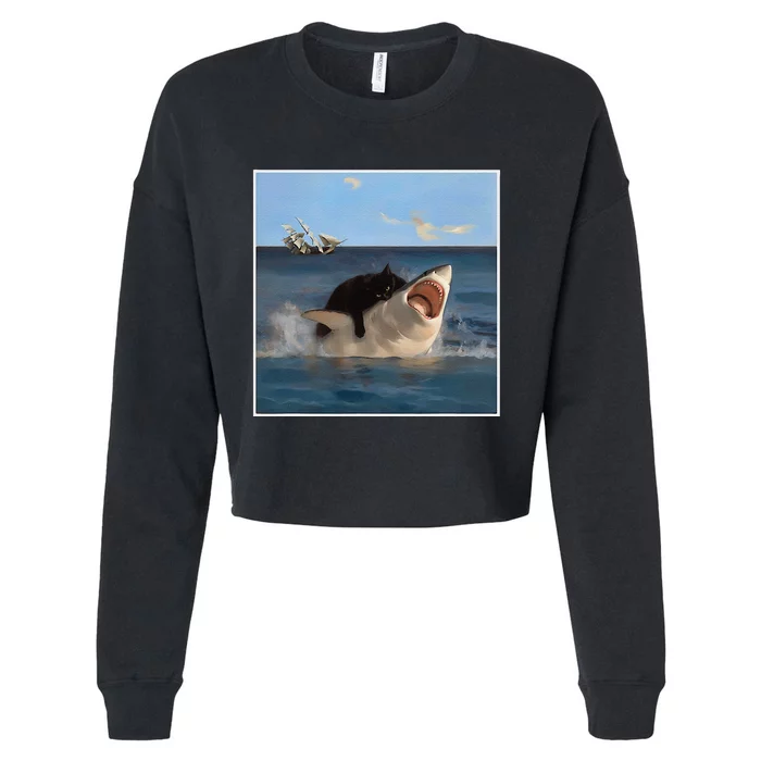 Funny Art & Cat Lover Quote Cat Biting Shark Cool Fat Cat Gift Cropped Pullover Crew