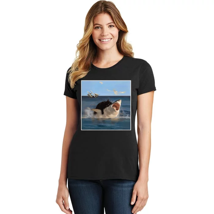 Funny Art & Cat Lover Quote Cat Biting Shark Cool Fat Cat Gift Women's T-Shirt