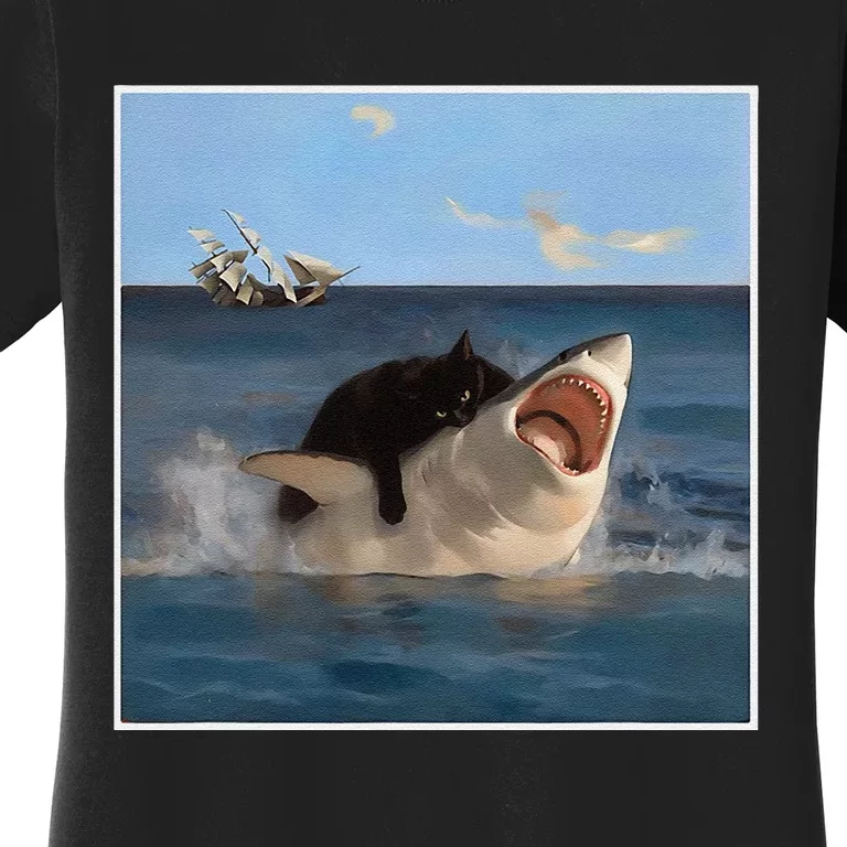 Funny Art & Cat Lover Quote Cat Biting Shark Cool Fat Cat Gift Women's T-Shirt