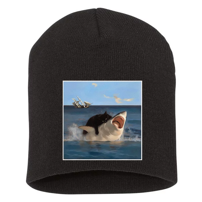 Funny Art & Cat Lover Quote Cat Biting Shark Cool Fat Cat Gift Short Acrylic Beanie