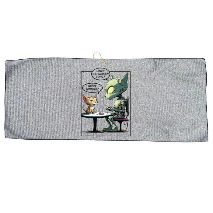 Funny Alien Cat Earth Invasion Cat Joke Cartoon Design Large Microfiber Waffle Golf Towel