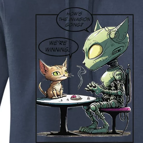 Funny Alien Cat Earth Invasion Cat Joke Cartoon Design Women's Pullover Hoodie