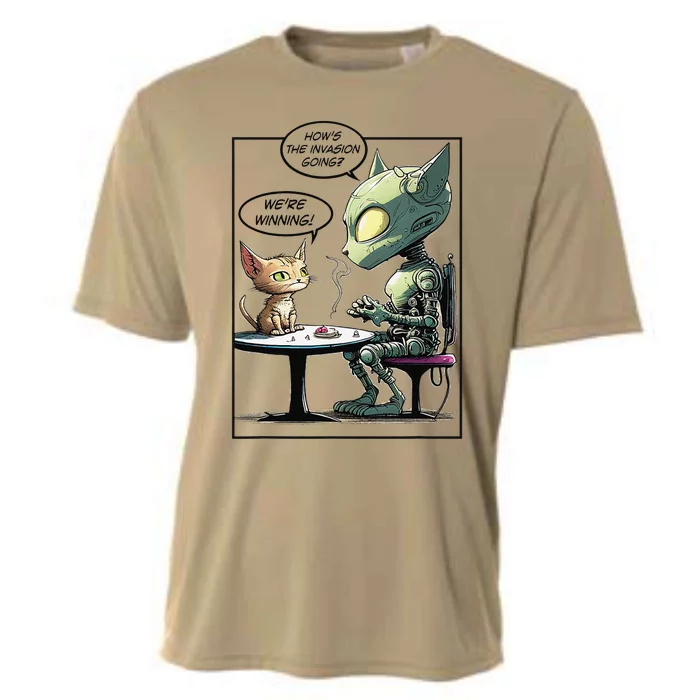 Funny Alien Cat Earth Invasion Cat Joke Cartoon Design Cooling Performance Crew T-Shirt