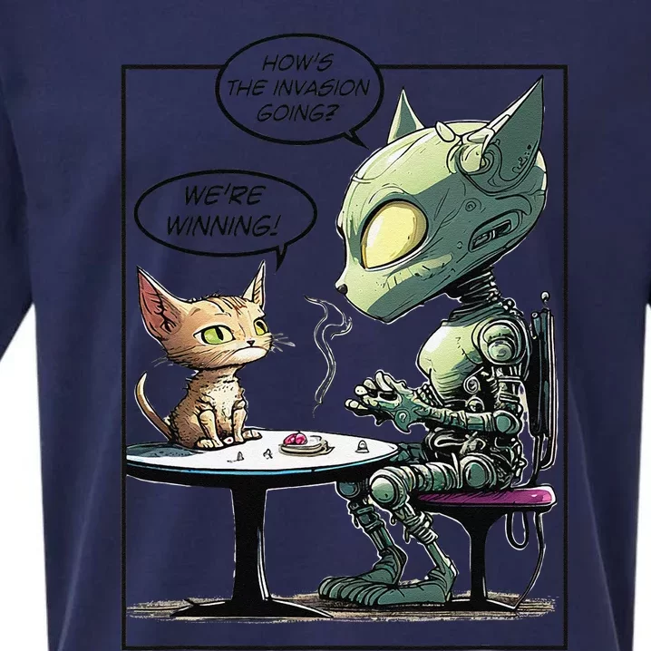 Funny Alien Cat Earth Invasion Cat Joke Cartoon Design Sueded Cloud Jersey T-Shirt