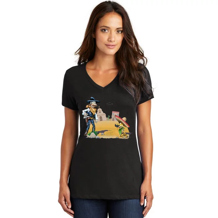 Fun American Cow In A Snakebite Showdown Women's V-Neck T-Shirt