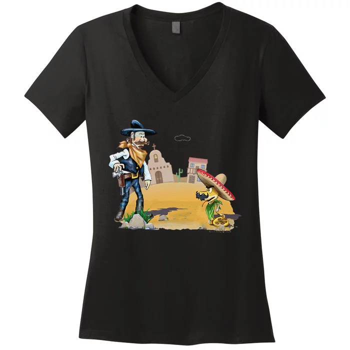 Fun American Cow In A Snakebite Showdown Women's V-Neck T-Shirt