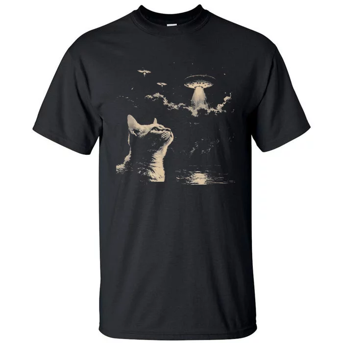 Funny Animal Cat Selfie With Ufos Weird Tall T-Shirt