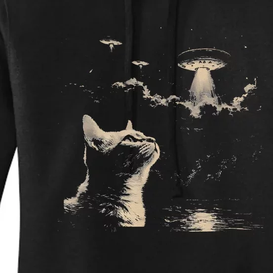 Funny Animal Cat Selfie With Ufos Weird Women's Pullover Hoodie